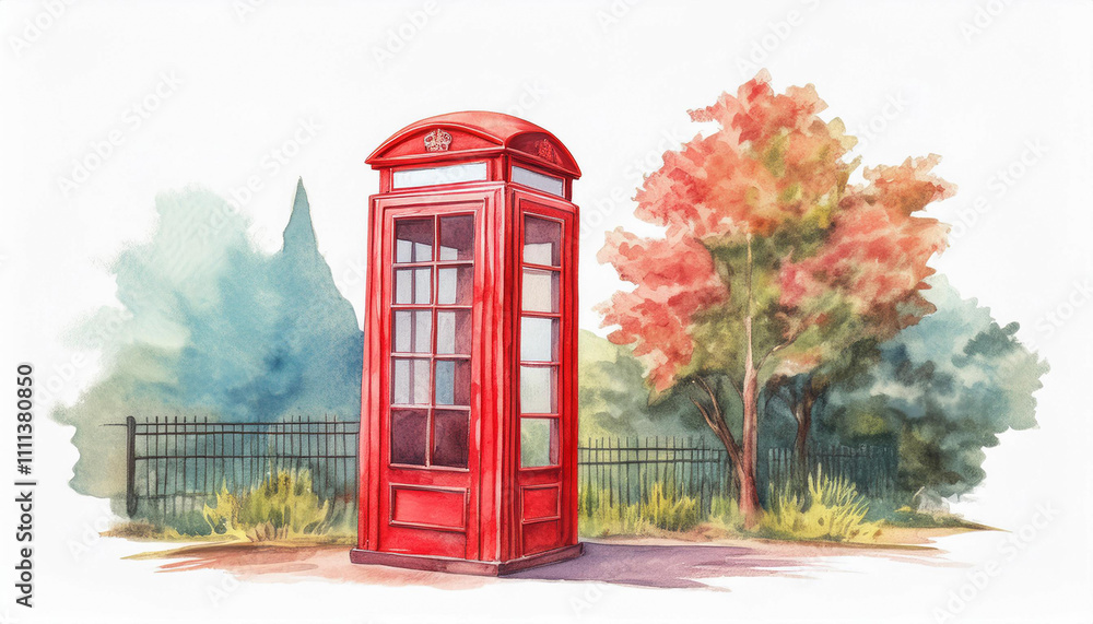 Obraz premium Watercolor red telephone booth