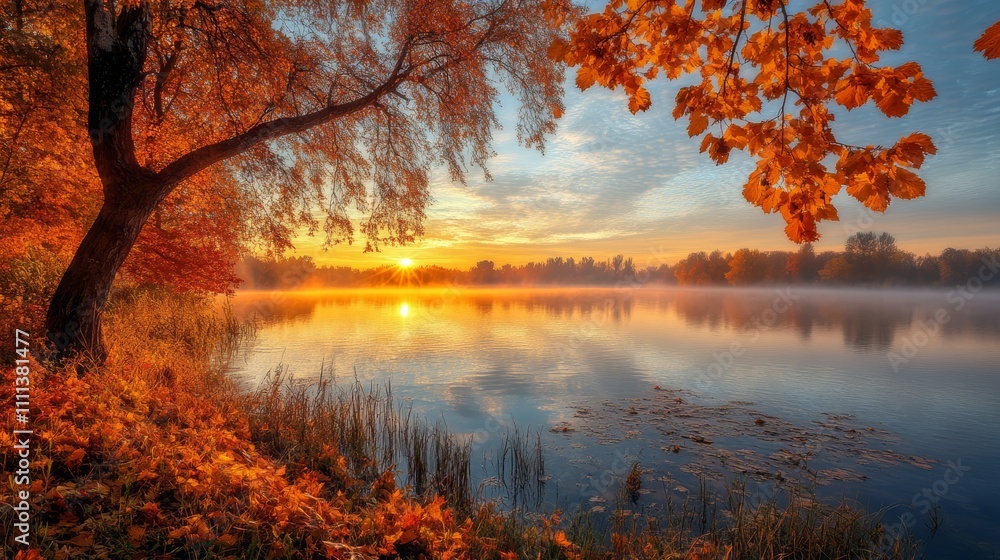 A scenic view of a lake with an orange sunrise in the background. The lake is covered in fog, and the trees are covered in autumn leaves. A scenic view of a lake with an orange sunrise in the background. The lake is covered in fog, and the trees are covered in autumn leaves.