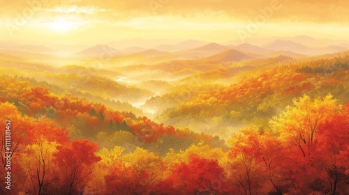 A scenic view of a valley filled with trees in vibrant autumn colors, with a river winding through the valley and mountains in the distance. The sun is setting, casting a warm glow over the landscape.