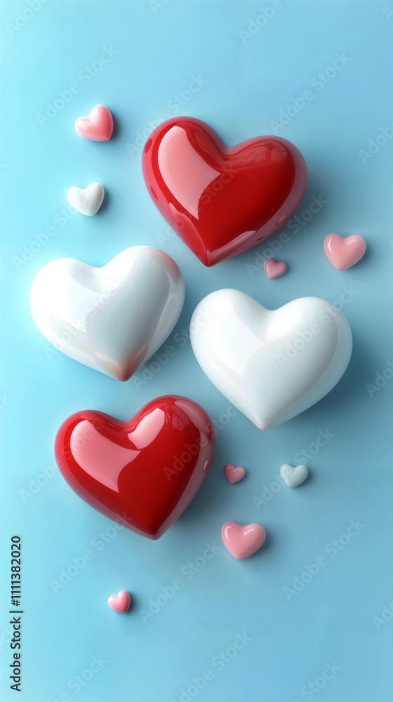 3d red, white and pink and red hearts with space for text. Cute banners for love sale, vouchers or greeting cards for Valentine's Day on blue background, flat lay 3d red, white and pink and red hearts with space for text. Cute banners for love sale, vouchers or greeting cards for Valentine's Day on blue background, flat lay