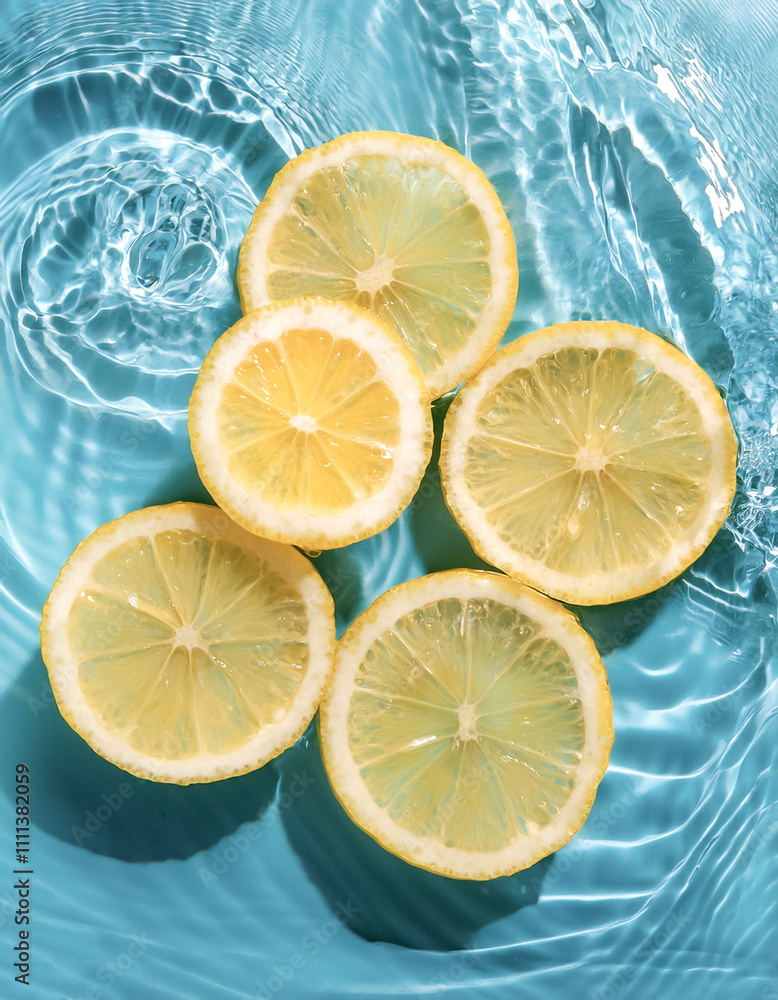 Fresh a Lemon slices floating in a clear blue water Fresh a Lemon slices floating in a clear blue water