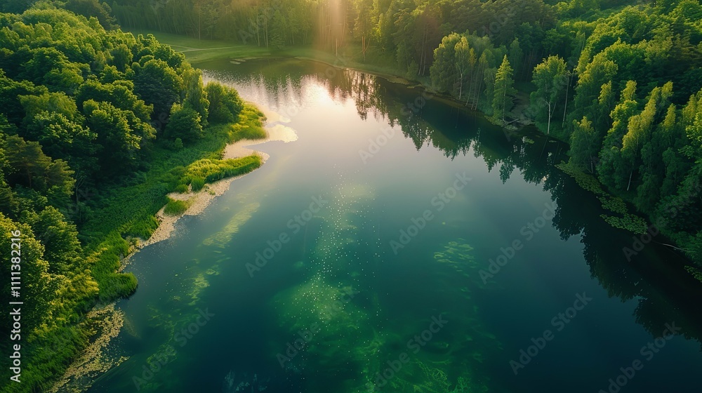 Serene Sunset Over a Lush Green Forest Lake Serene Sunset Over a Lush Green Forest Lake