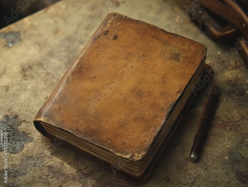 Antique Leather-Bound Book on Rustic Surface: Vintage Writing and History