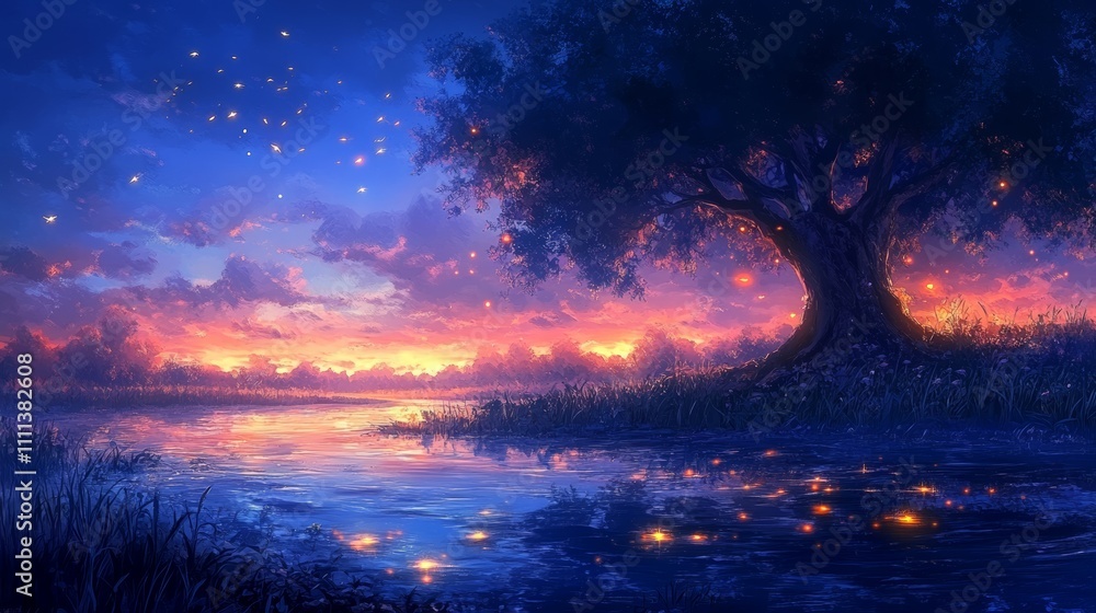 A solitary tree stands on a lake shore, its branches reaching towards a sky filled with twinkling lights. The water reflects the vibrant sunset colors. A solitary tree stands on a lake shore, its branches reaching towards a sky filled with twinkling lights. The water reflects the vibrant sunset colors.