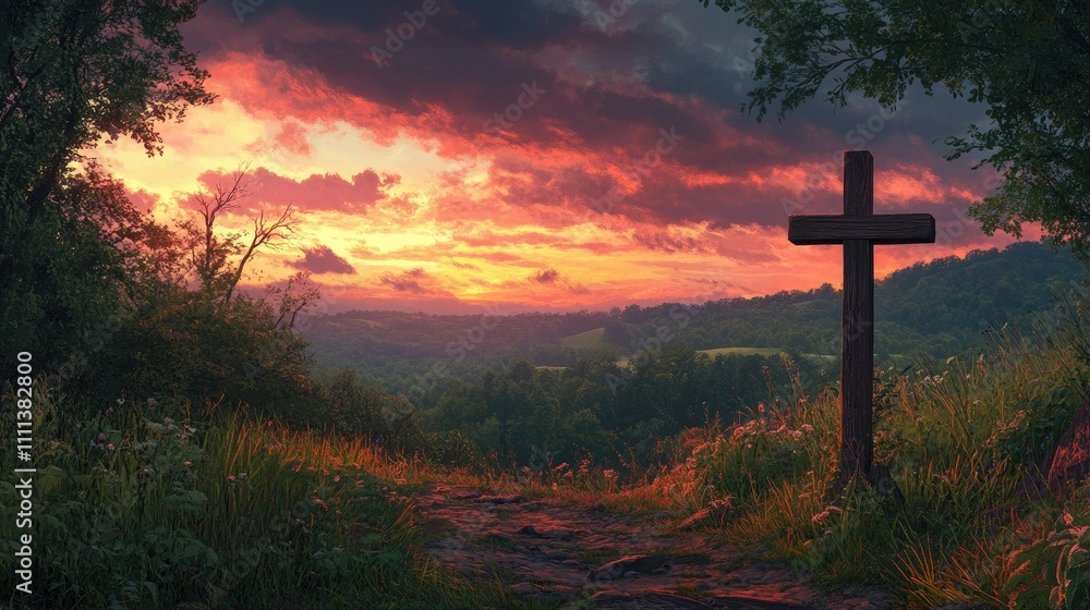 A serene evening landscape featuring a wooden cross with the sky ablaze in sunset hues A serene evening landscape featuring a wooden cross with the sky ablaze in sunset hues