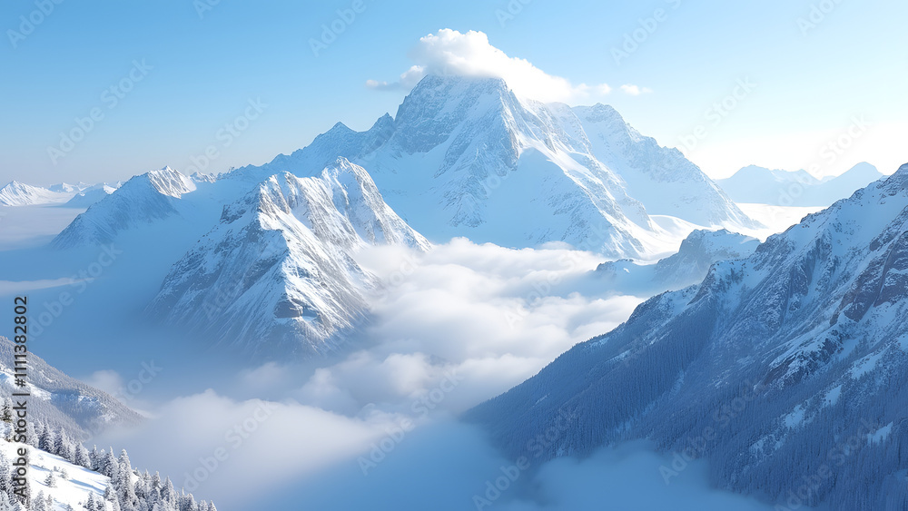 Obraz premium Snow-Capped Mountain Peaks under a Clear Blue Sky