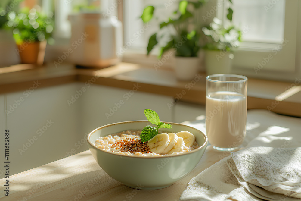 Breakfast Table with Fiber-Rich Oatmeal, Almond Milk, and Minimalist Modern Kitchen
Breakfast Table with Fiber-Rich Oatmeal, Almond Milk, and Minimalist Modern Kitchen