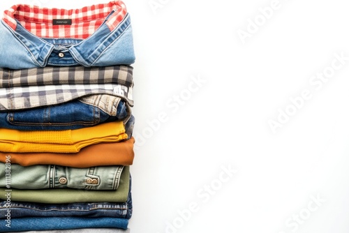 Casual clothing items such as shirts and pants are neatly folded and stacked, creating an organized display on a clean white background. Generative AI photo