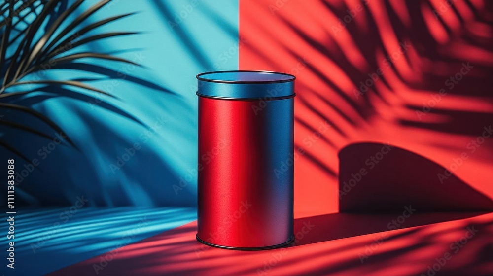 Red Cylinder Mockup with Blue and Red Background and Palm Leaf Shadows Red Cylinder Mockup with Blue and Red Background and Palm Leaf Shadows