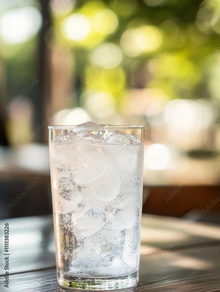 Chilled glass filled with sparkling soda and ice cubes on wooden table. - ai Chilled glass filled with sparkling soda and ice cubes on wooden table. - ai
