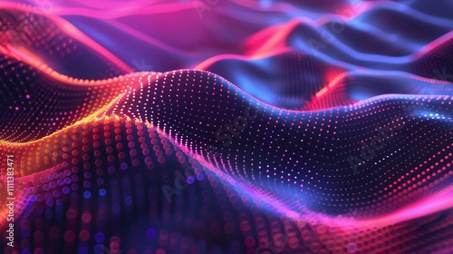 Vibrant abstract particle background with colorful wavy surface perfect for wallpaper. Modern design with mix of pink, purple, blue, orange, and red hues. Shows motion and innovation in technology