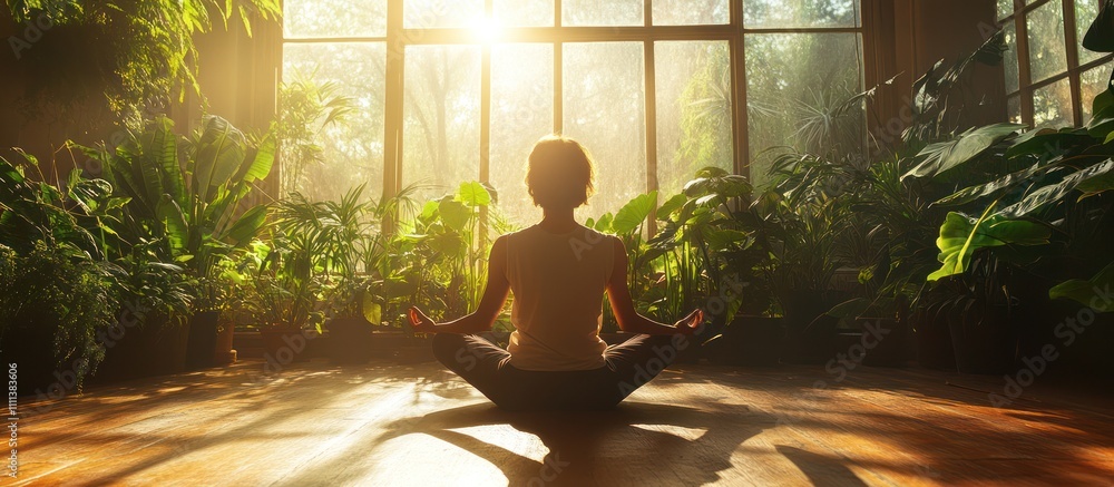 Woman meditating in yoga pose with sunlight streaming through a large window in a room with plants. Woman meditating in yoga pose with sunlight streaming through a large window in a room with plants.