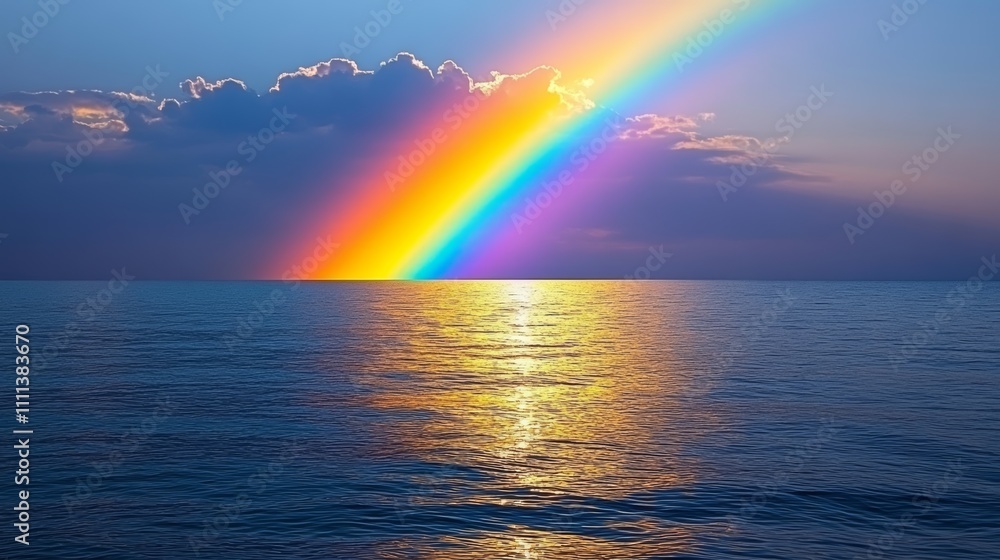 A vibrant rainbow arches over a calm sea, with the setting sun reflecting off the water, creating a serene and colorful scene. A vibrant rainbow arches over a calm sea, with the setting sun reflecting off the water, creating a serene and colorful scene.