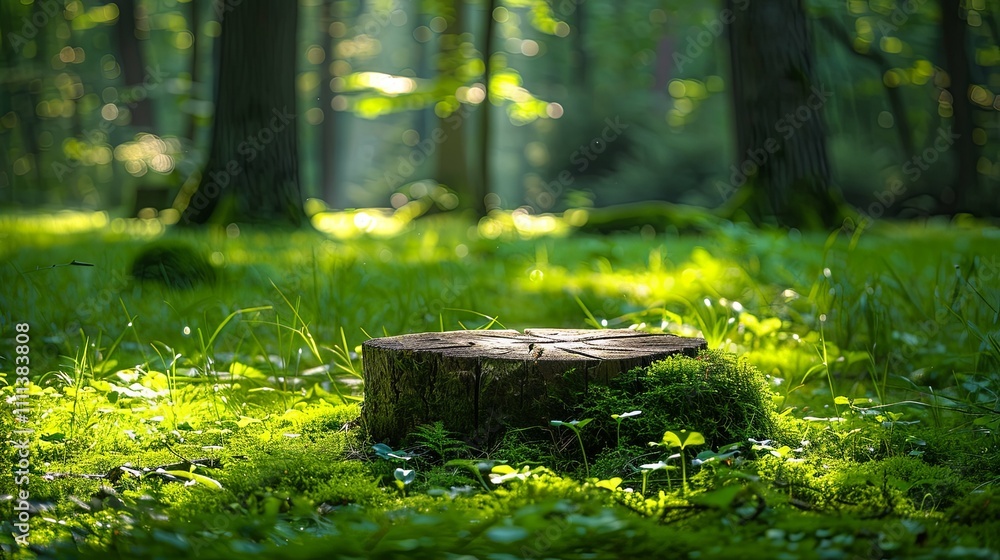 Sunlit Mossy Tree Stump in a Lush Green Forest Sunlit Mossy Tree Stump in a Lush Green Forest