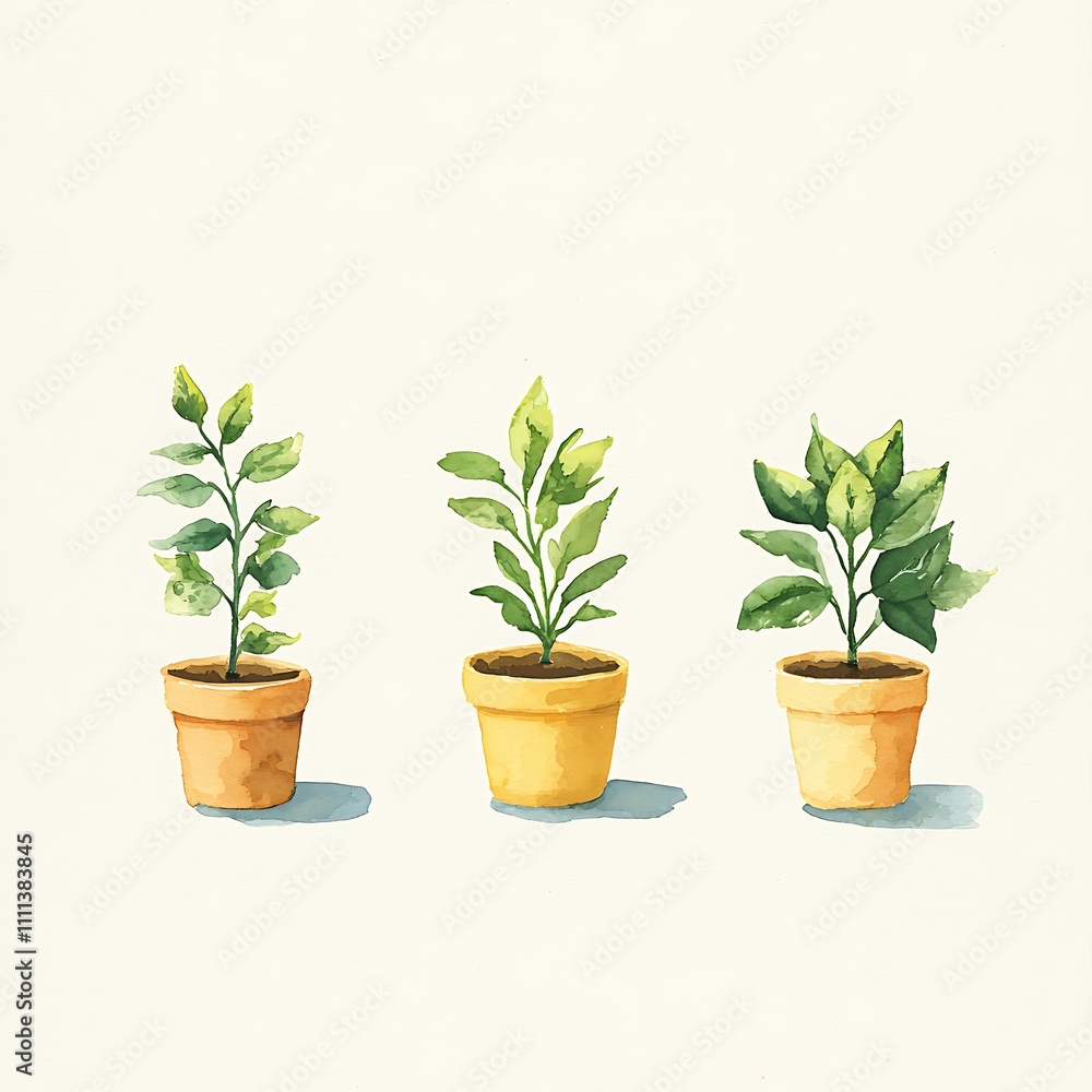 Watercolor Illustration of Three Potted Plants in Different Growth Stages. Watercolor Illustration of Three Potted Plants in Different Growth Stages.