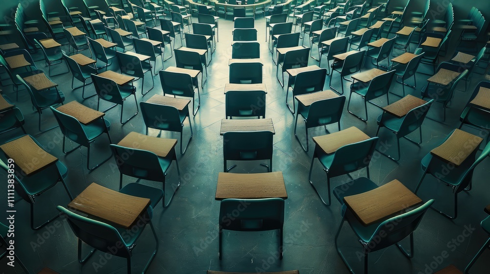 Naklejka premium Classroom with desks arranged in a spiral pattern