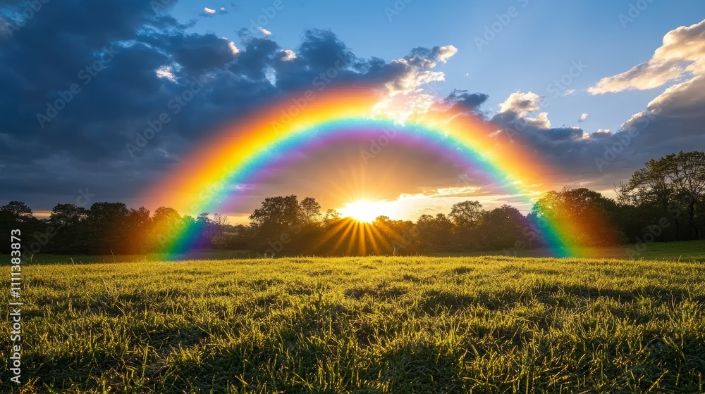 A vibrant rainbow arches over a grassy field as the sun sets behind a line of trees, casting a warm glow on the landscape. A vibrant rainbow arches over a grassy field as the sun sets behind a line of trees, casting a warm glow on the landscape.