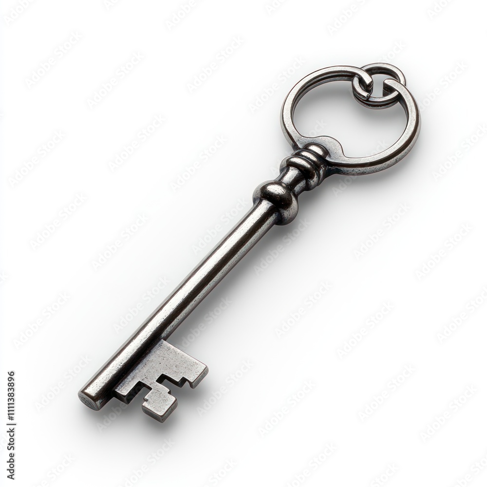 Shiny Unused Key on Clean White Background Shiny Unused Key on Clean White Background