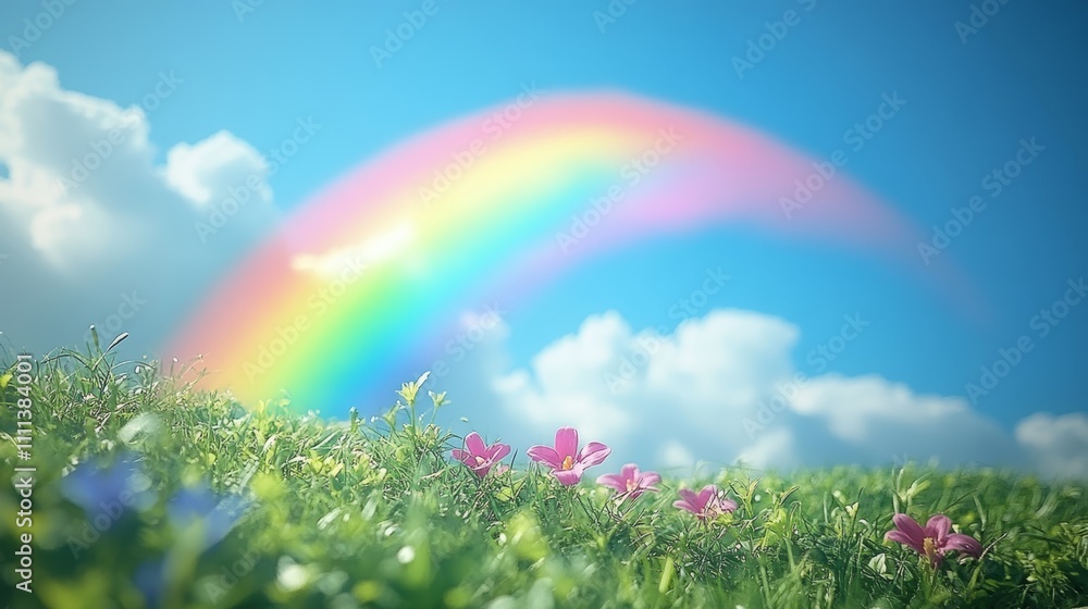 A vibrant rainbow arcs over a field of lush green grass and pink flowers against a bright blue sky with white clouds. A vibrant rainbow arcs over a field of lush green grass and pink flowers against a bright blue sky with white clouds.