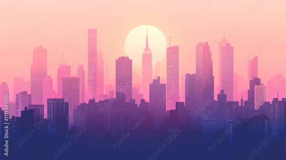 A vibrant sunset casts a warm glow over a cityscape silhouette. A vibrant sunset casts a warm glow over a cityscape silhouette.