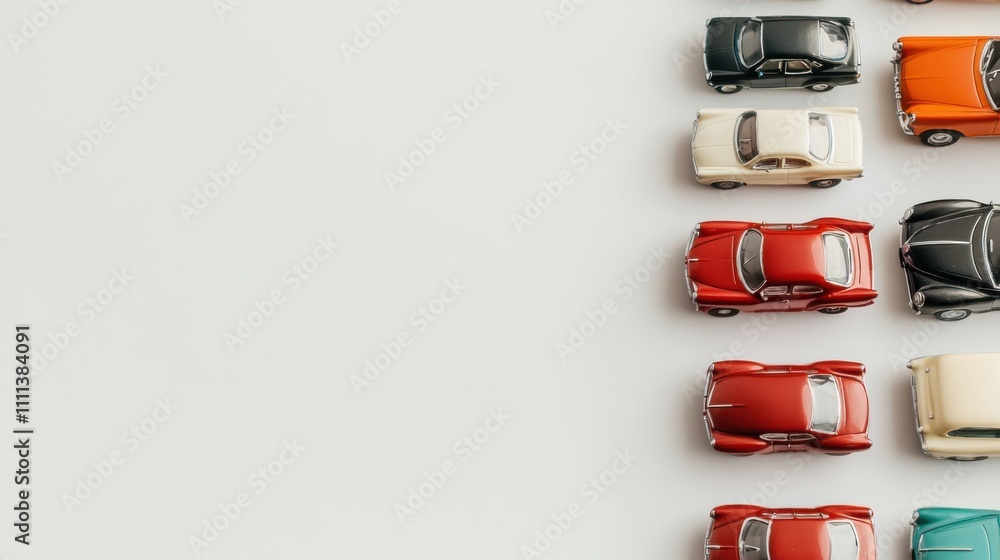Various miniature car models displayed on a white surface, arranged in neat rows, creating ample space for text or messaging. Generative AI Various miniature car models displayed on a white surface, arranged in neat rows, creating ample space for text or messaging. Generative AI