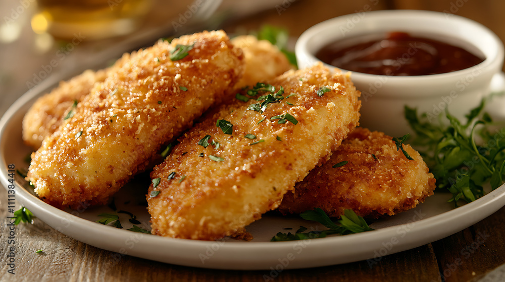A gourmet plate of breaded fish fillets served with a rich dipping sauce and garnished with fresh herbs. A gourmet plate of breaded fish fillets served with a rich dipping sauce and garnished with fresh herbs.