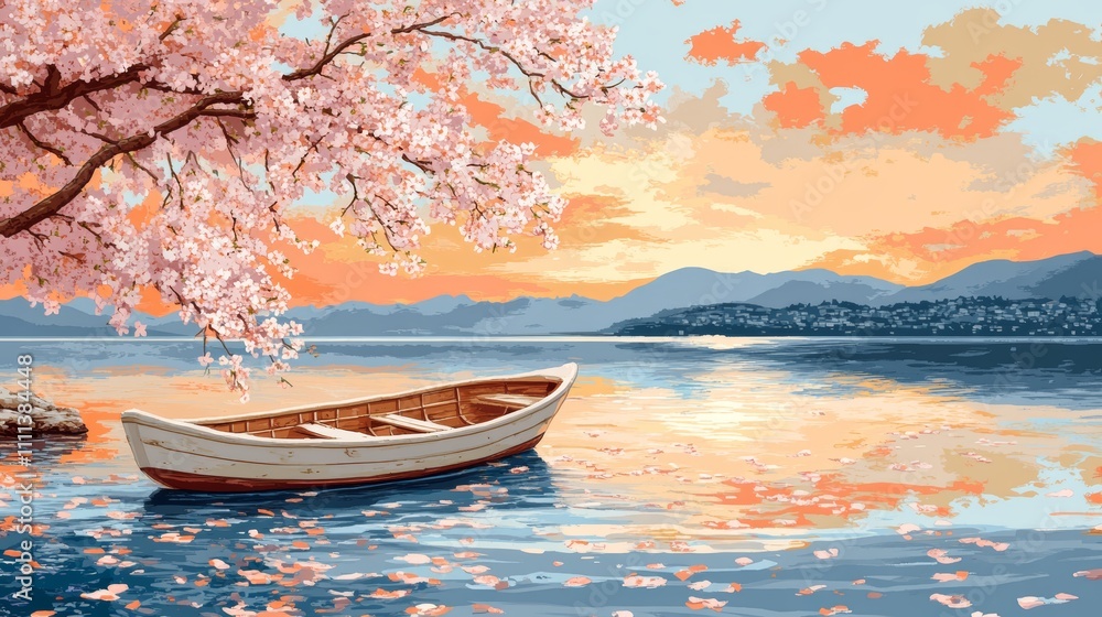 Obraz premium A white rowboat sits on a still lake with pink cherry blossom petals floating in the water at sunset. Mountains and a cityscape are in the background.