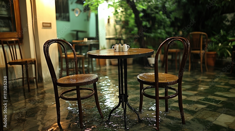 Fototapeta premium Empty table and chairs on a patio after a rain shower, with water still on the ground.