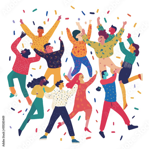 Happy group of young people jumping with confetti, vector illustration..eps