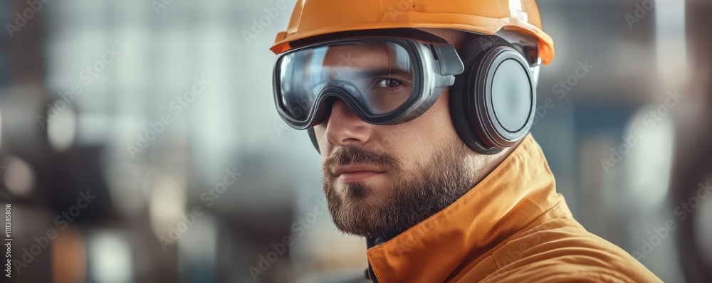 A focused worker in safety gear, featuring an orange helmet and protective goggles, stands in an industrial setting A focused worker in safety gear, featuring an orange helmet and protective goggles, stands in an industrial setting
