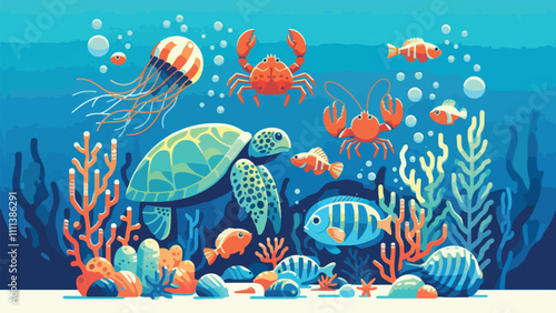 illustration of an underwater atmosphere with various animals such as turtles, lobsters, fish, crabs and coral reefs