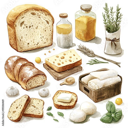 Watercolor Illustration of Artisan Breads, Cheese, and Ingredients. photo