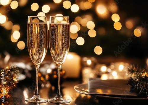 Two champagne flutes on a table with a candle in the middle