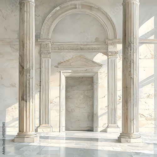 Sunlit Classical Columns and Archway in a Marble Hallway.