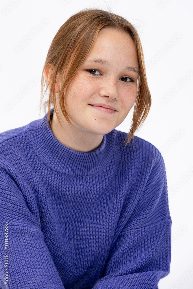 A Beautiful Portrait Depicting a Young Woman Wearing a Cozy and Stylish Blue Sweater