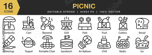Picnic icon set. Editable Stroke Icon Collection. Includes holiday, lunch, weekend, basket, spring, park, and More. Outline icons vector collection.