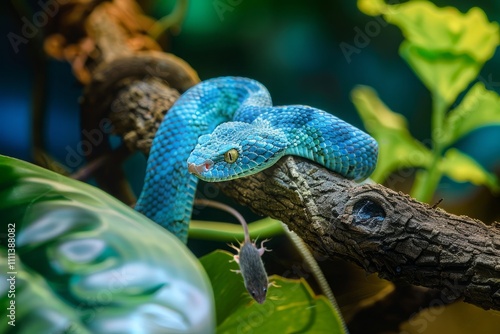 A female blue pit viper snake, blue white lipped Island pit viper snake Trimeresurus insularis on a branch together with a mouse, natural bokeh background photo