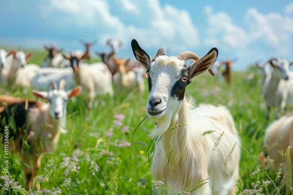 Fototapeta premium A herd of goats grazes in the meadow. Farming. Self-walking goat. Farm pasture. Summer day. Goats eat grass