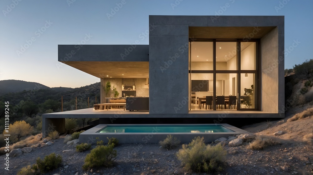 AI-generated Modern House with luxury hotel style, blending Spanish-Italian country design, natural materials, minimalist architecture, and stunning outdoor settings for premium, marketable stock imag AI-generated Modern House with luxury hotel style, blending Spanish-Italian country design, natural materials, minimalist architecture, and stunning outdoor settings for premium, marketable stock imag