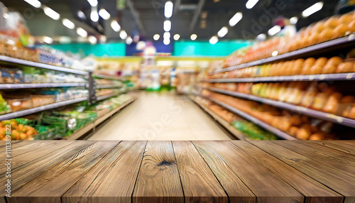 Wooden table for product display.Supermarket background.Interior background with bokeh effect.