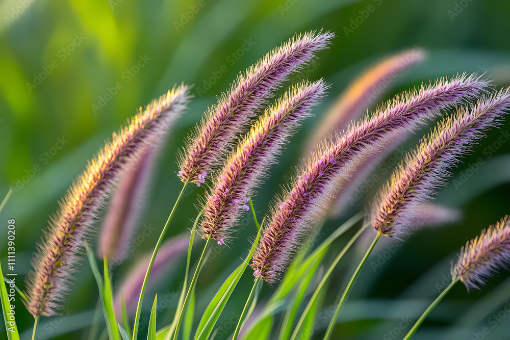 A close-up of purple grasses swaying in the breeze, with soft focus on green leaves and a blurred background A close-up of purple grasses swaying in the breeze, with soft focus on green leaves and a blurred background