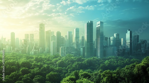 Stunning city skyline merging with lush green landscape. photo