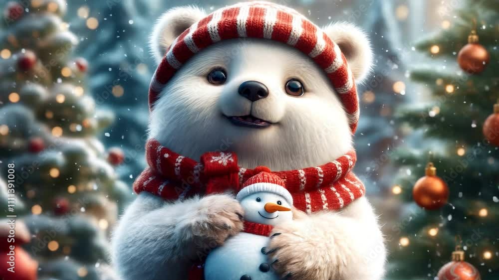 Adorable CG polar bear in festive winter attire holding a tiny snowman, surrounded by Christmas trees and falling snow. Adorable CG polar bear in festive winter attire holding a tiny snowman, surrounded by Christmas trees and falling snow.