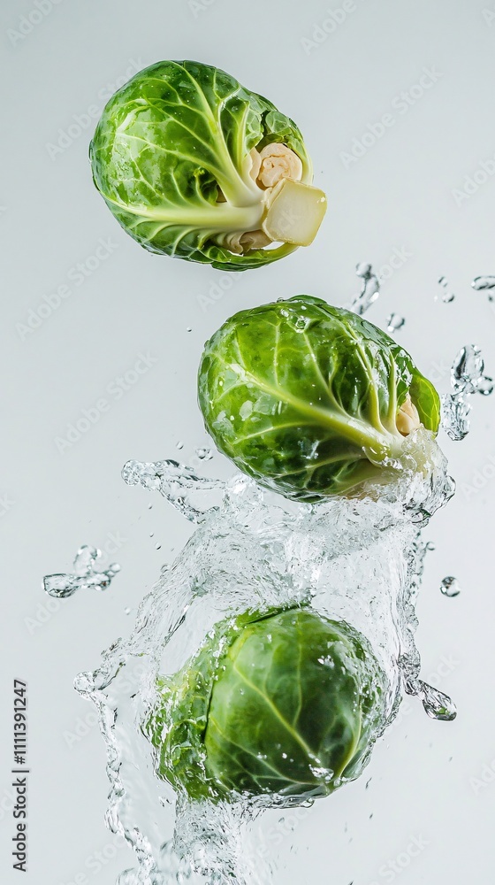 Obraz premium chopped four pieces of brussels sprouts flying through the air with a splash, the background is cleanly lit and the water is transparent