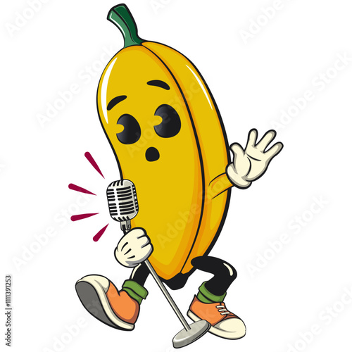 cute banana cartoon character mascot sing earnestly with maximum style, cute fruit cartoon, work of hand drawn