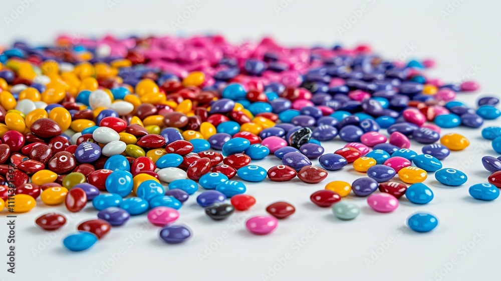 Colorful Candy-Coated Chocolate Candies Scattered on White Background Colorful Candy-Coated Chocolate Candies Scattered on White Background