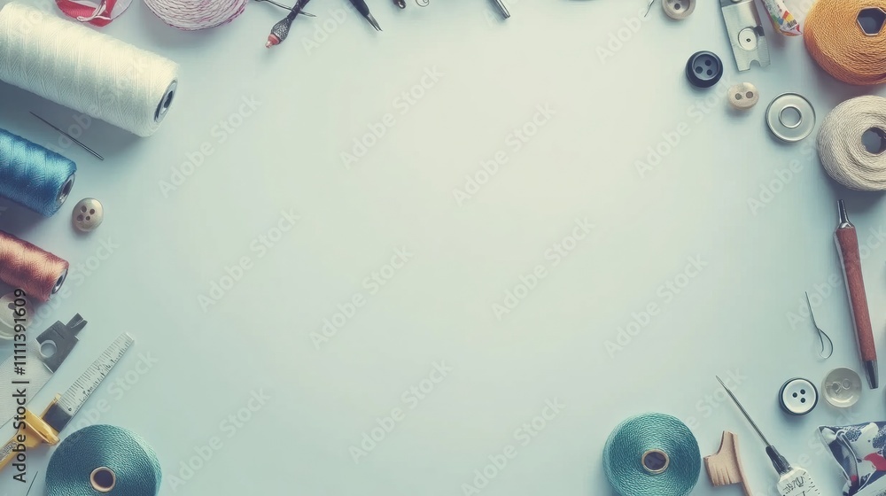 Fototapeta premium An assortment of sewing essentials like needles, colorful threads, and buttons is carefully arranged, providing a blank space for creativity. Generative AI