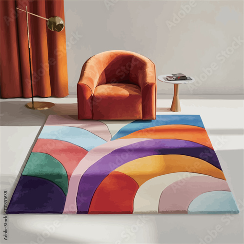 Interior of living room with orange armchair and carpet. 3d render.eps