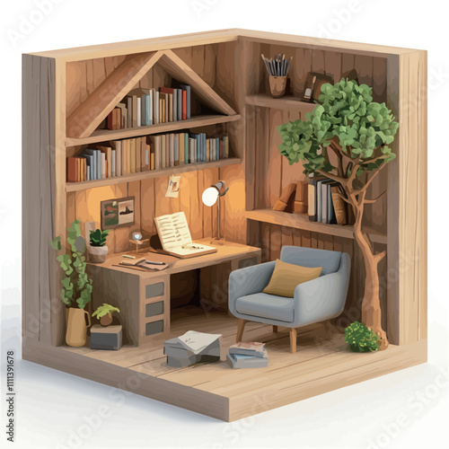 Interior of a wooden bookcase with books and a chair..eps