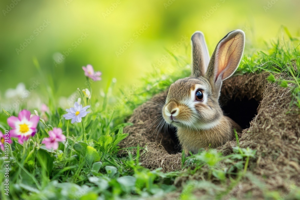 Curious rabbit peeking from burrow in blooming meadow nature photography close-up perspective discovering life beneath the surface embracing wilderness and holes in nature Curious rabbit peeking from burrow in blooming meadow nature photography close-up perspective discovering life beneath the surface embracing wilderness and holes in nature